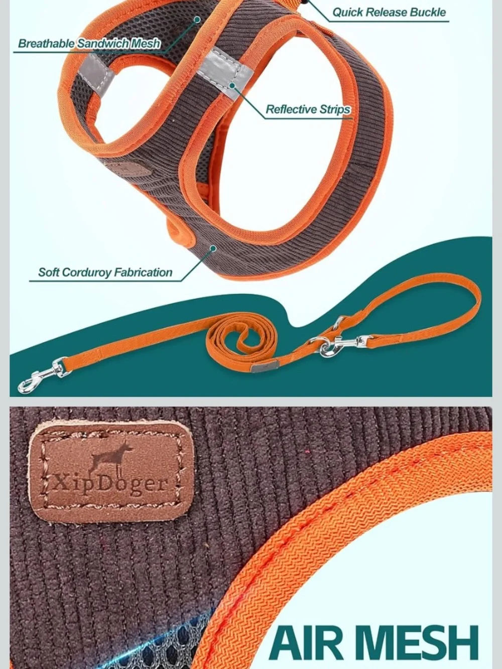 XipDoger Orange & Brown Puppy Harness with Matching Leash - size XXS